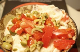 White Bean Garlic Dip with Green Olives and Tomatoes