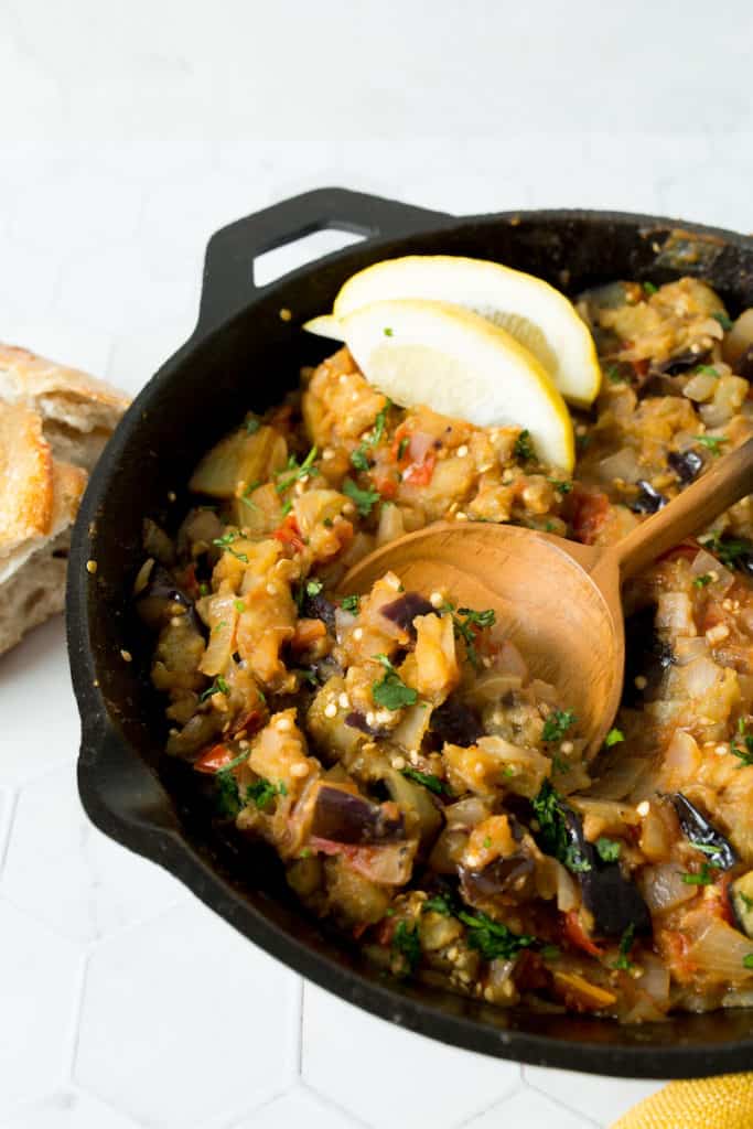 Moroccan eggplant salad in a cast iron pan 