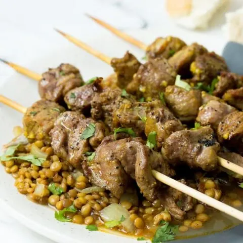 Lamb Kebabs with Lentils