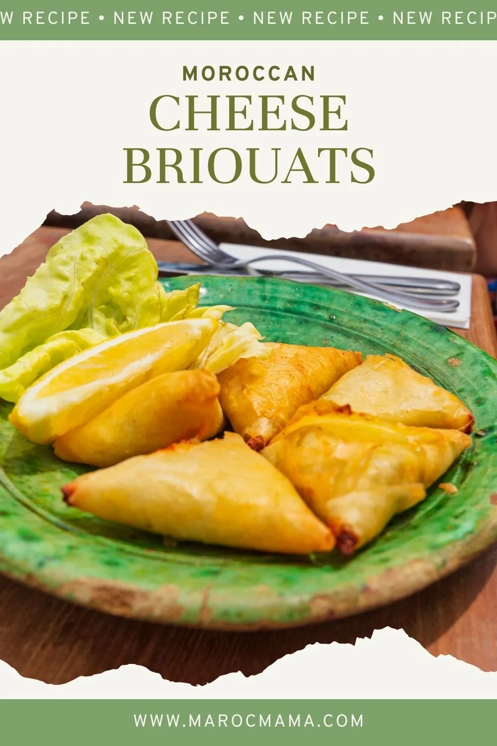 Moroccan cheese briouats served in a plate with the text new recipe Moroccan Cheese Briouats