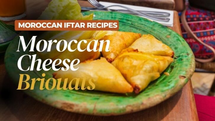 Moroccan cheese briouats on a green plate with the text Moroccan Iftar Recipes: Moroccan Cheese Briouats