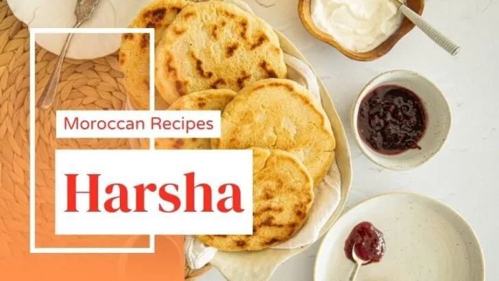 Harsha served in a white plate with honey and chocolate ganache with berries with the text Moroccan Recipes Harsha