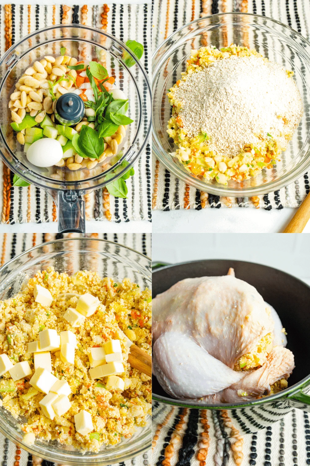 4 pictures that show the steps to make the stuffing; mixing ingredients in food processor, combining ingredients, stuffing the chicken. 