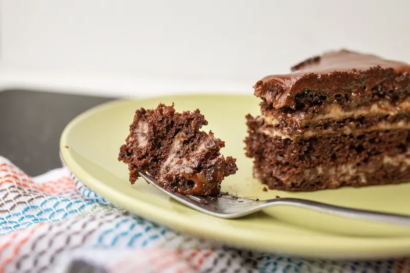 Slice of chocolate devils food cake with a fork of cake taken away.