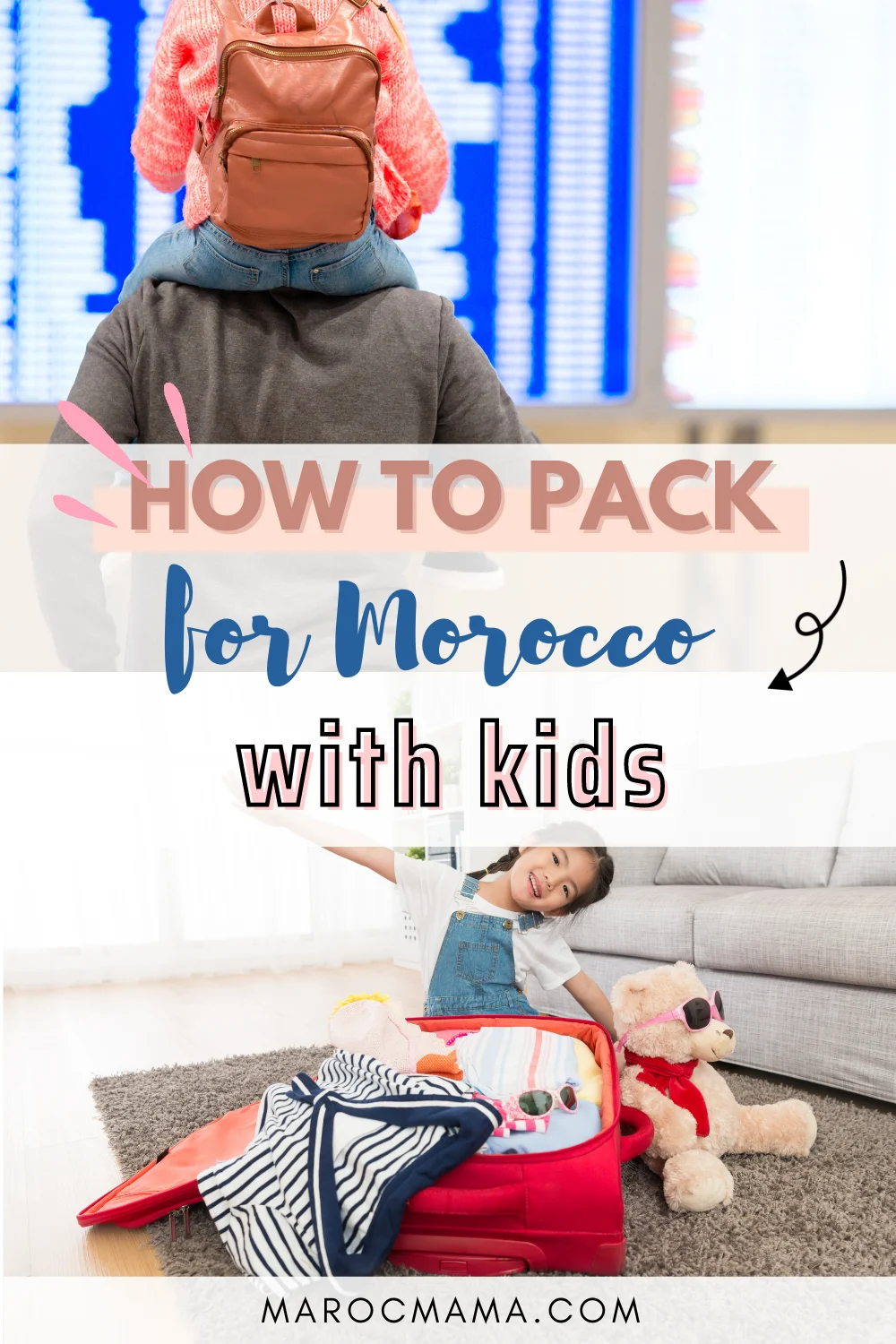 kids packing a suitcase for Morocco