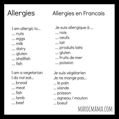 English/French Food Allergy Translations for a Morocco visit