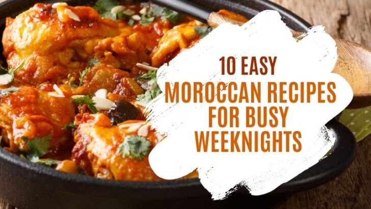 Chicken with eggplants and almonds recipe in a pan with the text 10 Easy Moroccan Recipes for Busy Weeknights