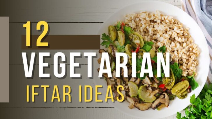 Healthy vegetarian meal with zucchini, shiitake mushrooms and oatmeal porridge on bowl with the text 12 vegetarian iftar ideas