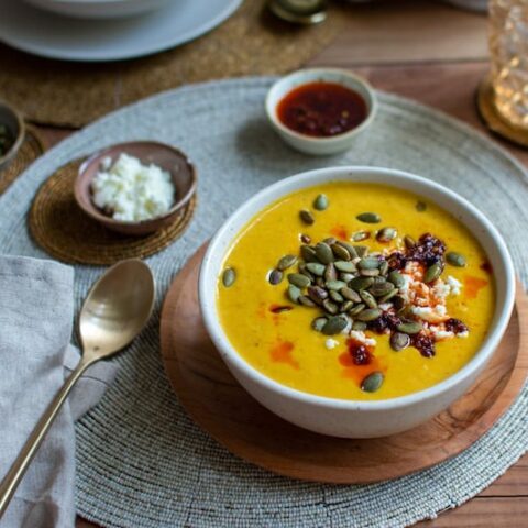 Roasted Butternut Squash Soup with Goat Cheese and Harissa Oil