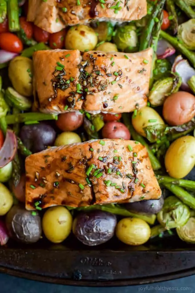 Balsamic Salmon with Brussels Sprouts and Asparagus Sheet Pan Meal