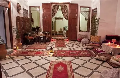 A tiled inner courtyard of a traditional riad in Fez Morocco