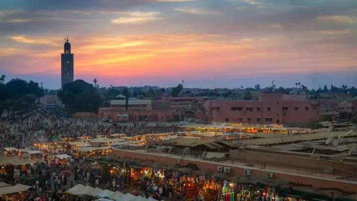 Crowds at Jemaa el-Fnaaa square, a market place in Marrakesh's medina quarter.