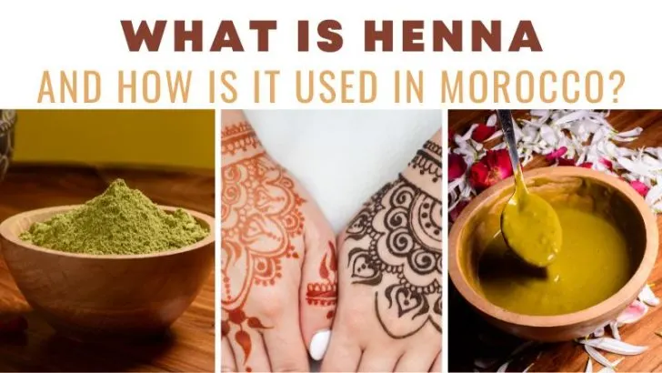 What is Henna and How is it Used in Morocco?: Left to right; Henna powder in a vessel, drawing pattern henna on a female hand, and henna ink being mixed