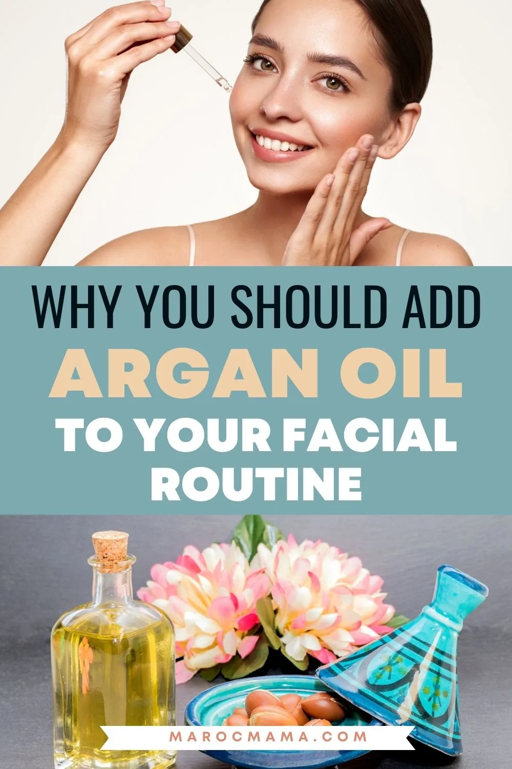 Top image, a woman applying Moroccan argan oil to her face and bottom image is argan oil in a jar