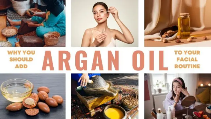 Left to right, a woman making argan oil by hand, a woman applying argan oil to her face and a bottle of natural argan oil on a table