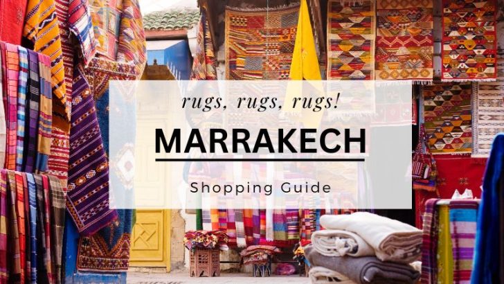 Moroccan rugs and carpets with the text rugs, rugs, rugs! Marrakech Shopping Guide