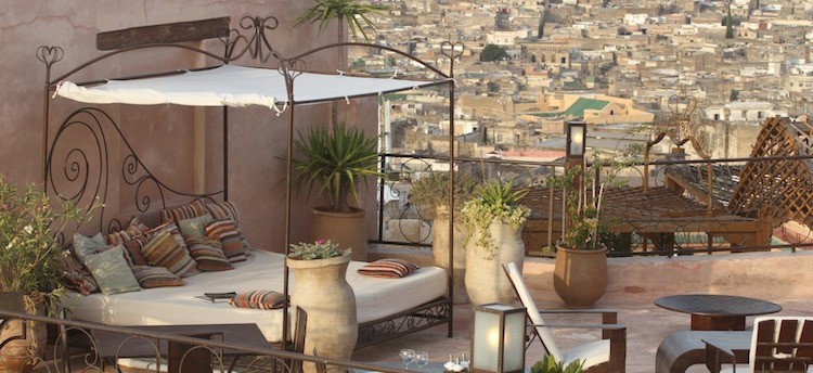 Rooftop sitting area of Riad overlooking the medina of Fez