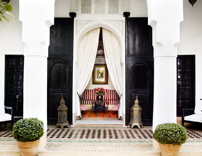 black and white riad courtyard at L'hotel Marrakech