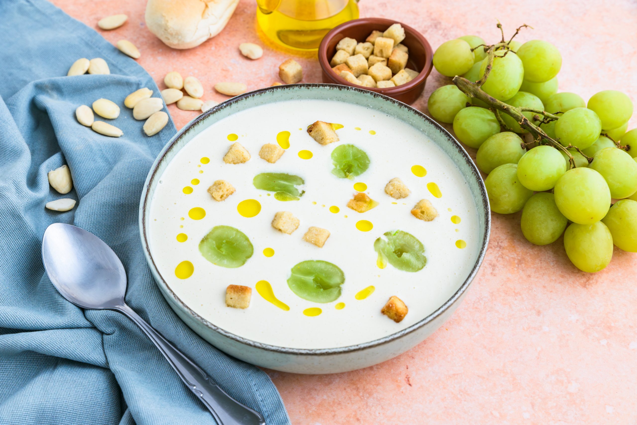 Ajo Blanco soup served in a bowl