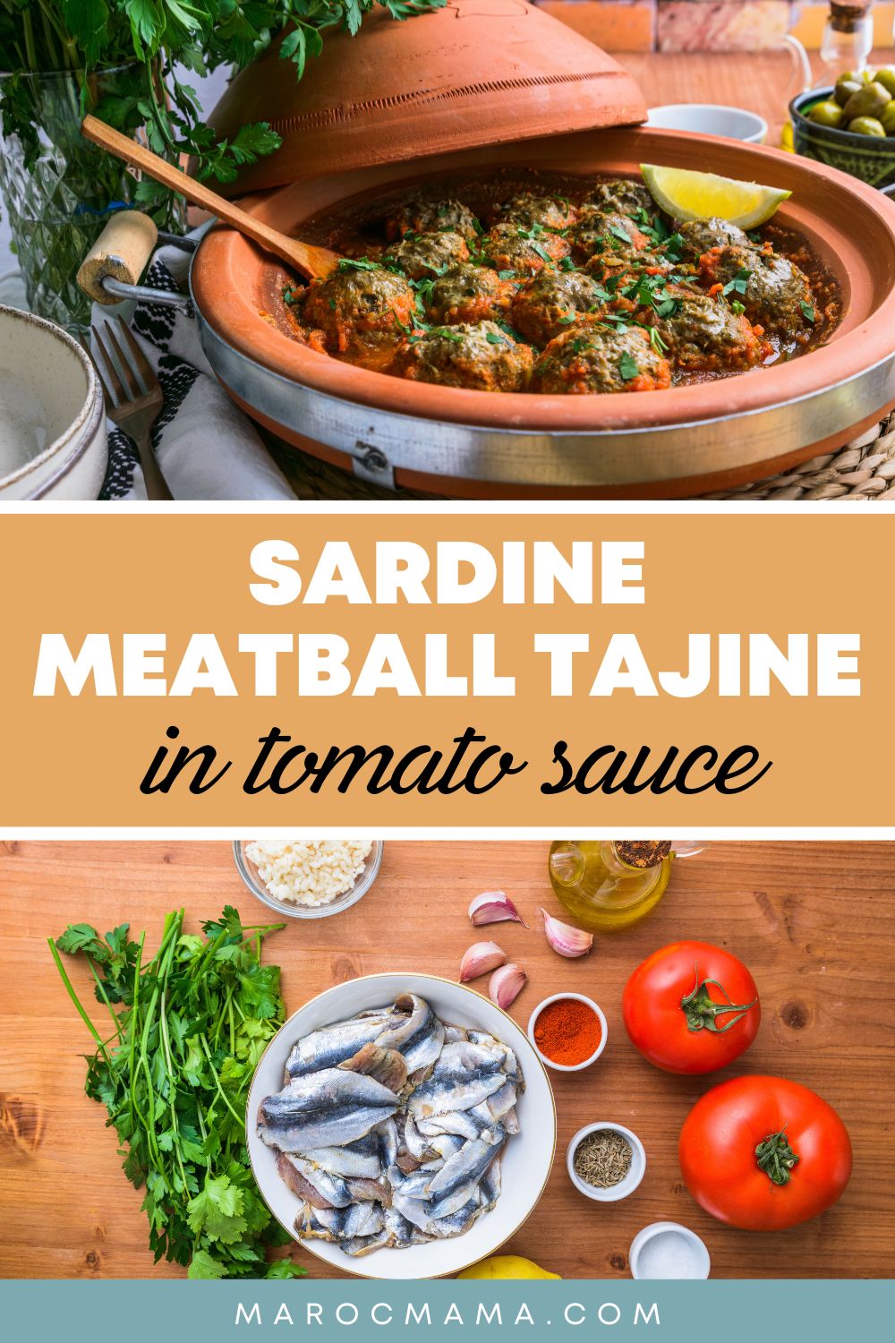 Top image is Moroccan sardine meatballs tagine cooked in tomato sauce, bottom image is the ingredients in making this dish