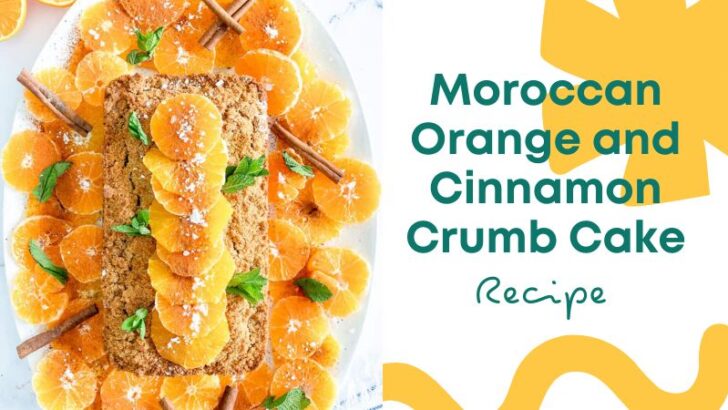 Moroccan orange and cinnamon crumb cake on a white plate
