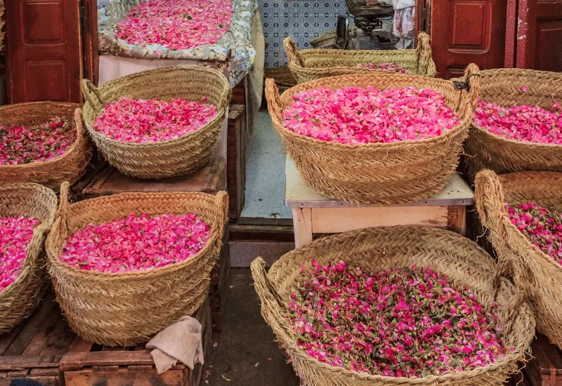 Baskets of dried Moroccan roses