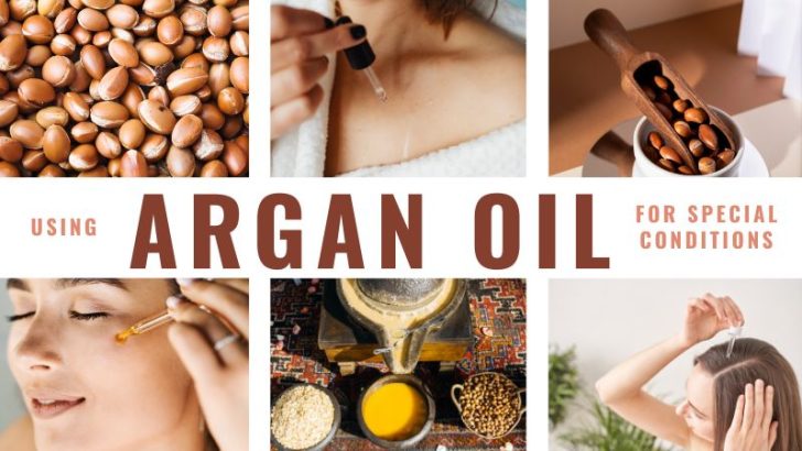 Using Argan Oil for Special Conditions: From left to right; Moroccan argan nuts, Bottle and a bowl of argan oil, Young woman using argan oil for hair treatment, Girl applying argan oil with pipette on face, and argan oil crusher.