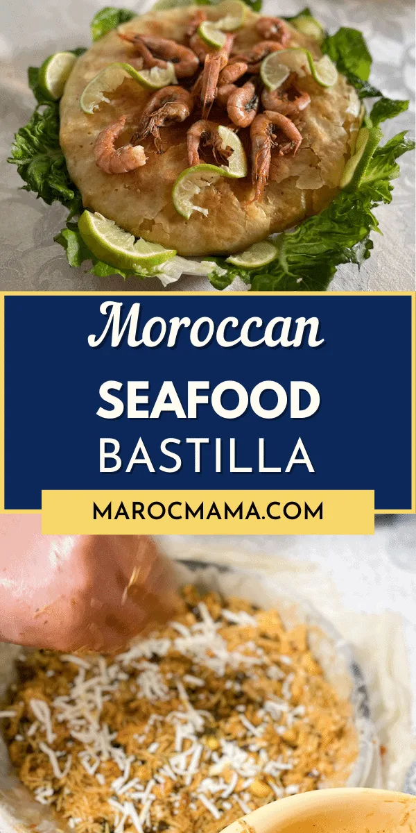 Two images of seafood bastilla. The top is finished with shrimp on top the bottom is a hand sprinkling cheese into the pie.
