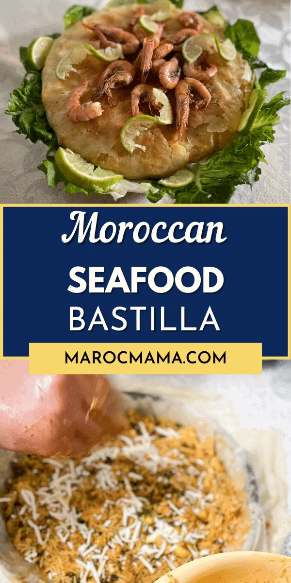 Two images of seafood bastilla. The top is finished with shrimp on top the bottom is a hand sprinkling cheese into the pie. 