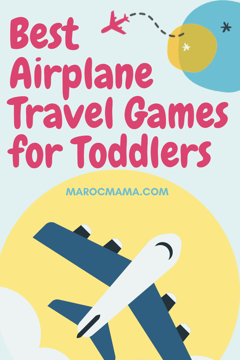 The Best Airplane Travel Games for Toddlers. Blue airplane on a yellow sun.