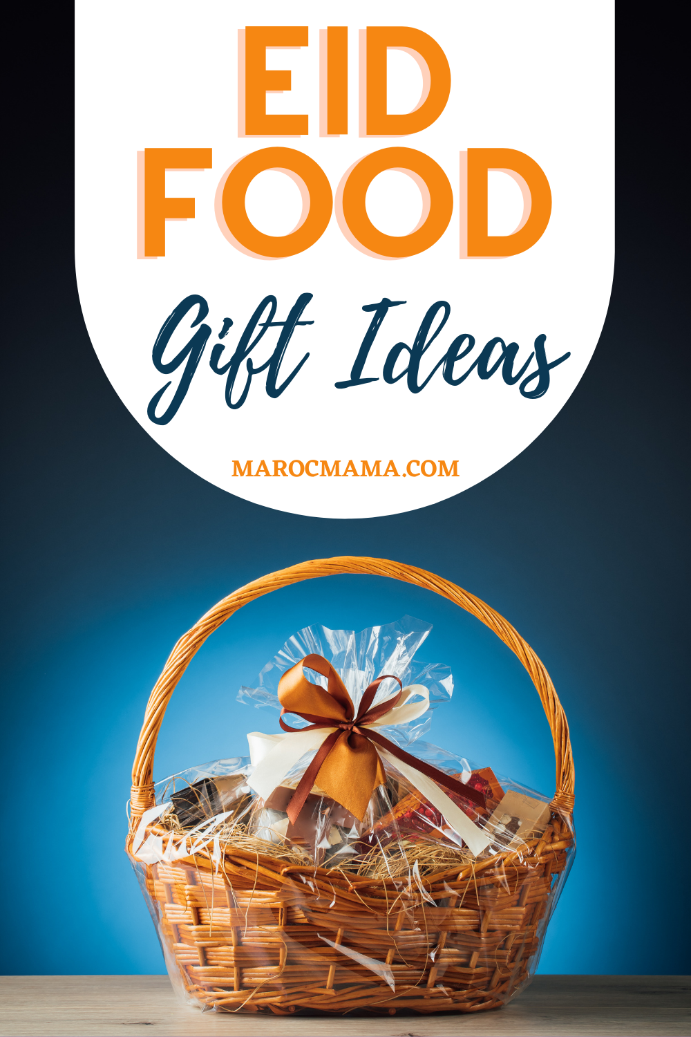 A gift basket on blue background with the text Eid Food Gift Ideas