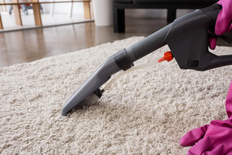 Professional carpet cleaner on a white rug