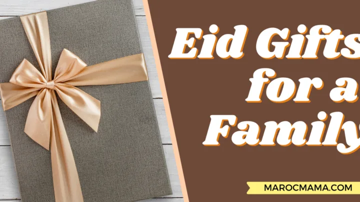A gift box with a peach ribbon on a wooden table with the text Eid Gifts for a Family