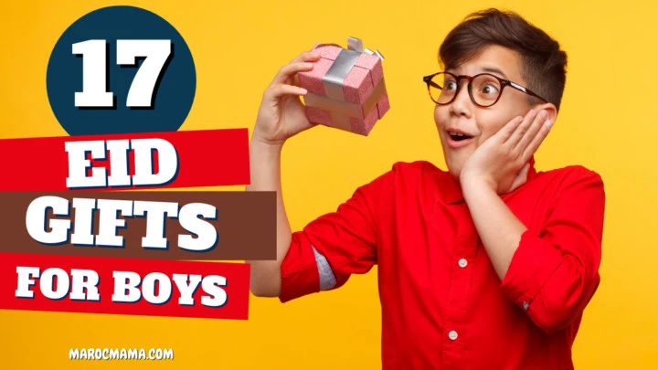 A boy looking surprised while holding a gift box in a yellow background with the text 17 Eid Gifts for Boys