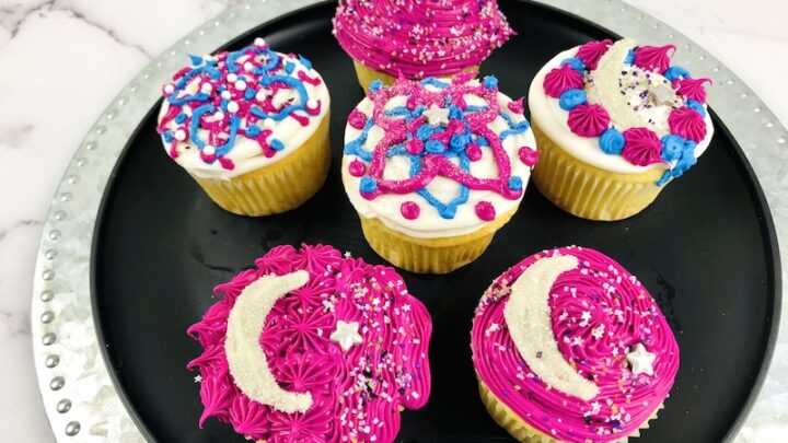 Plate of Pink and Blue Cupcakes with Ramadan Designs