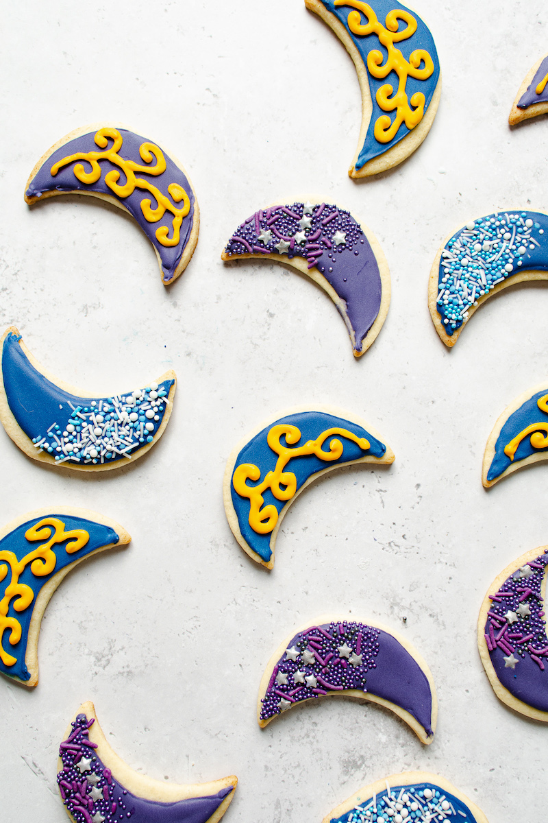 Crescent moon Ramadan cookies on a white table