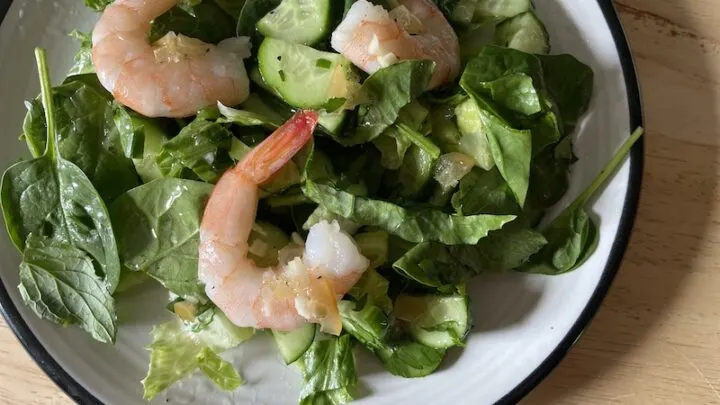 White plate with mixed lettuce, preserved lemon dressing and shrimp on top