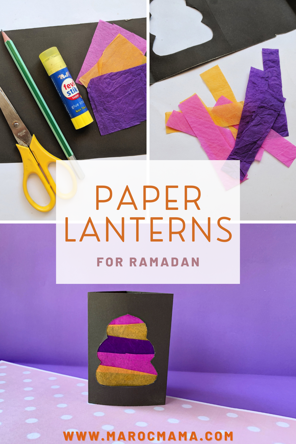 materialen en eindproduct van papieren lantaarns voor Ramadan