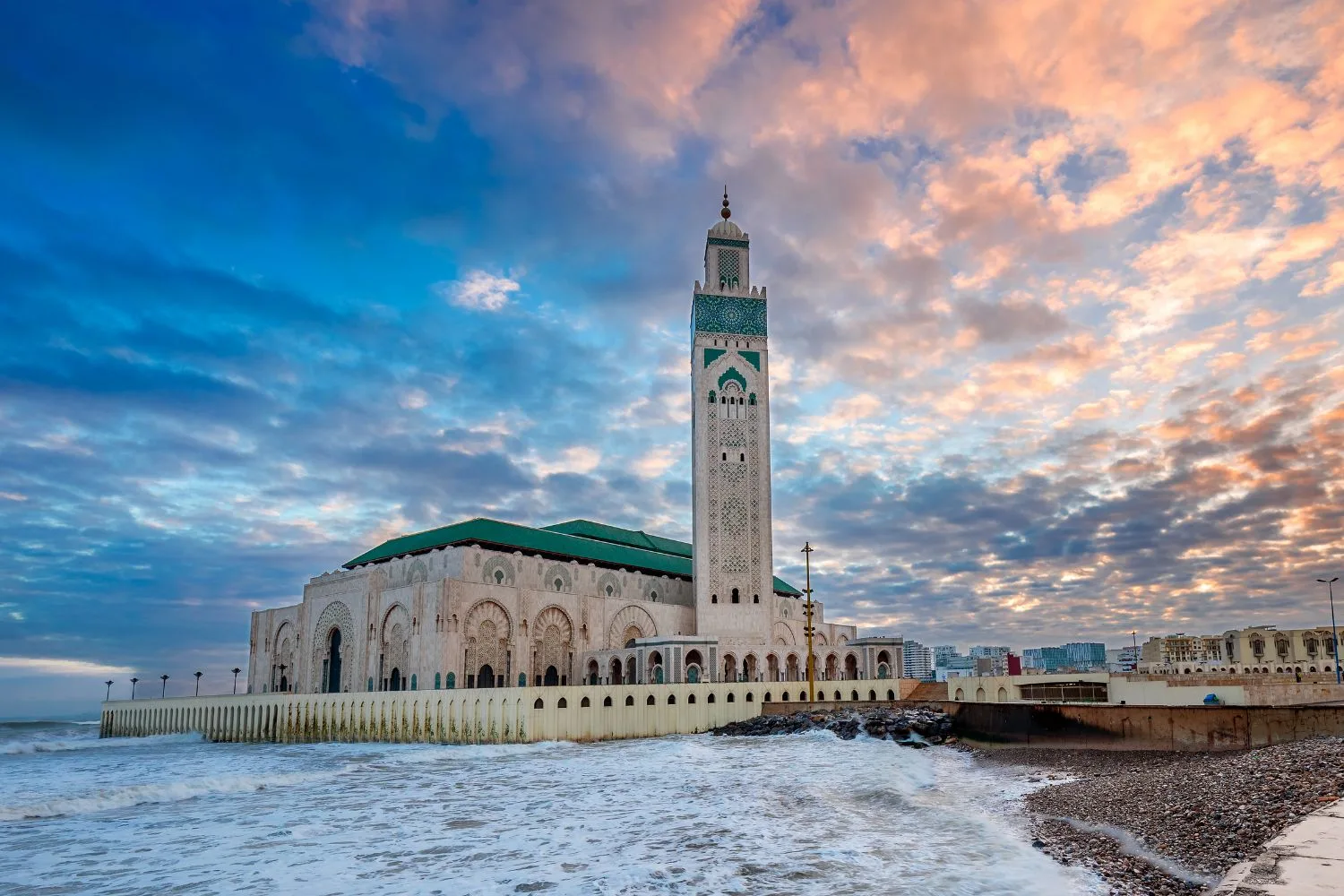 Hassan II Mosque in Casablanca, Morocco shot at sunrise