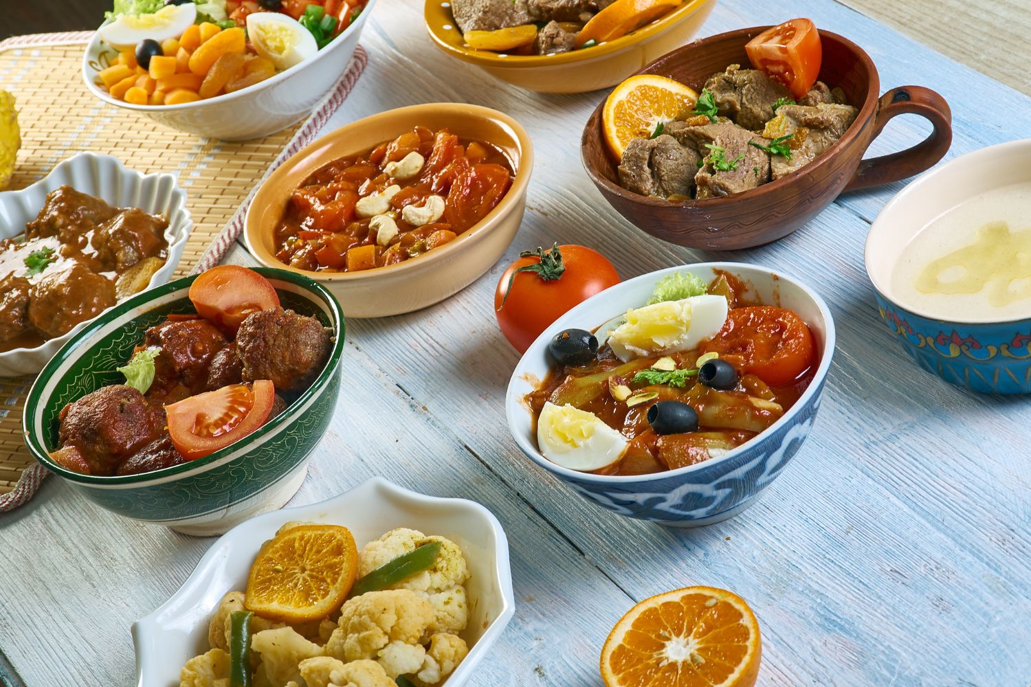 Assorted dishes of Moroccan cuisine served on a table