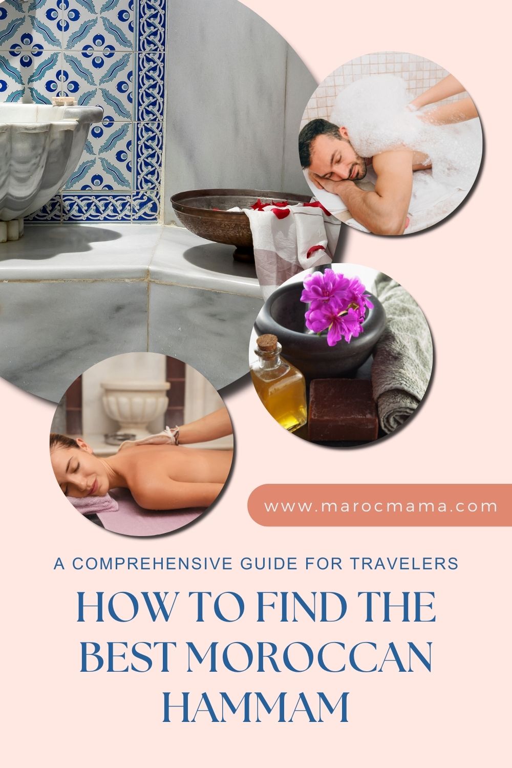 Man and woman in a Hammam having massages, and a black soap, oil and towel over black stone with the text How to Find the Best Moroccan Hammam: A Comprehensive Guide for Travelers