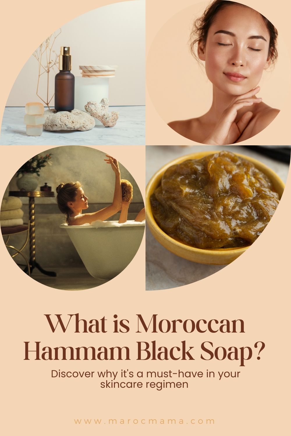Moroccan black soap and skincare regimen with the text What is Moroccan Hammam Black Soap?