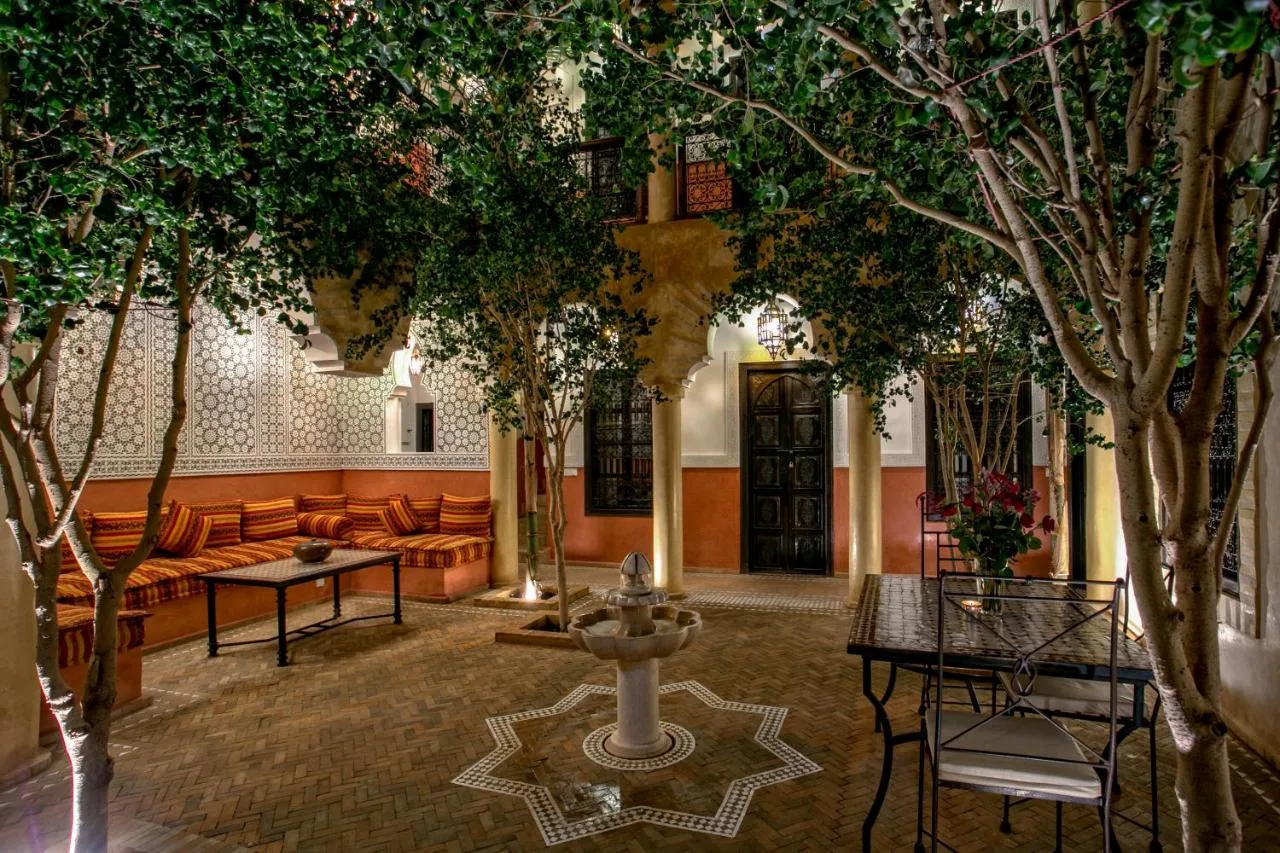 Shrubs surrounds chairs and tables in Riad Itrane