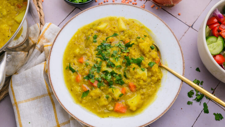 Jordanian Lentil Soup with a spoon for Ramadan