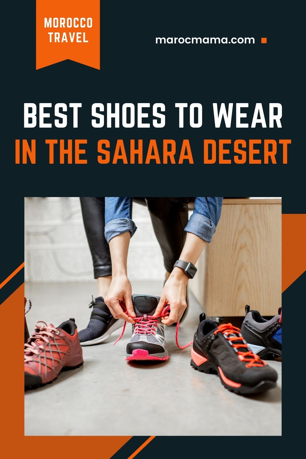 Woman trying different shoes for hiking in a sports shop with the text Best shoes to wear in the Sahara desert