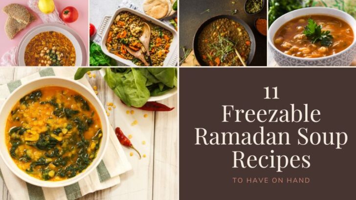 Tomato basil soup, vegan curry lentil soup, harira soup and lentil tortilla soup served in bowls with the text 11 Freezable Ramadan Soup Recipes to Have on Hand