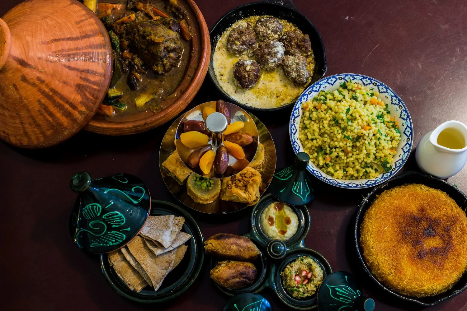 Various traditional Arabic food for iftar served on a table