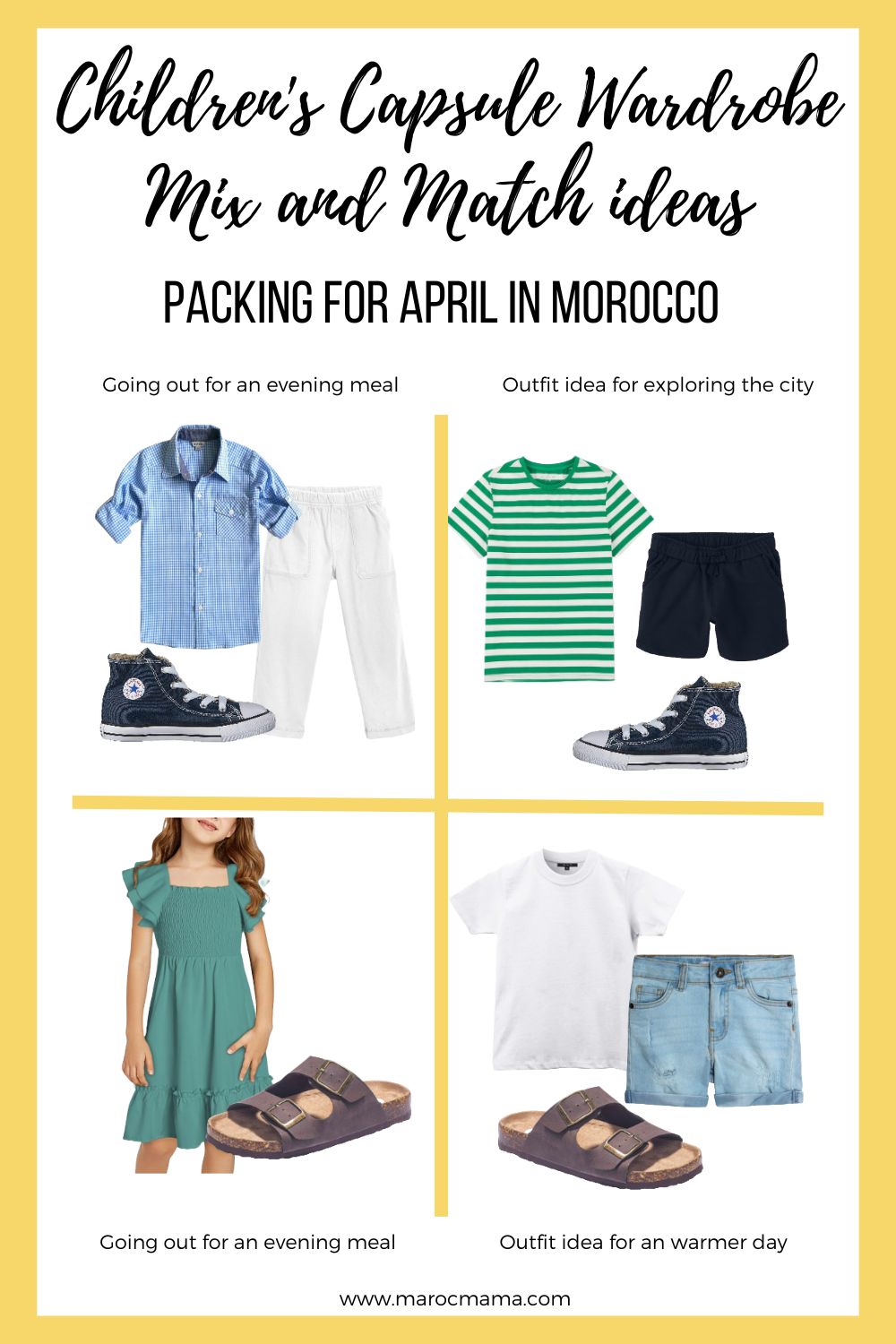 Children's capsule wardrobe mix and match ideas, packing for April in Morocco