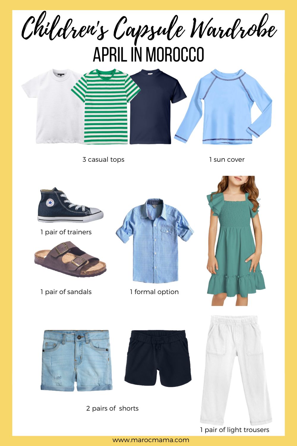 3 casual t-shirts 1 formal top 1 pair of light trousers 2 other bottoms (skirts/shorts) 1 linen shirt/sun cover to shade you from the sun 1 pair of trainers 1 pair of sandals with the text Children's Capsule Wardrobe, April in Morocco