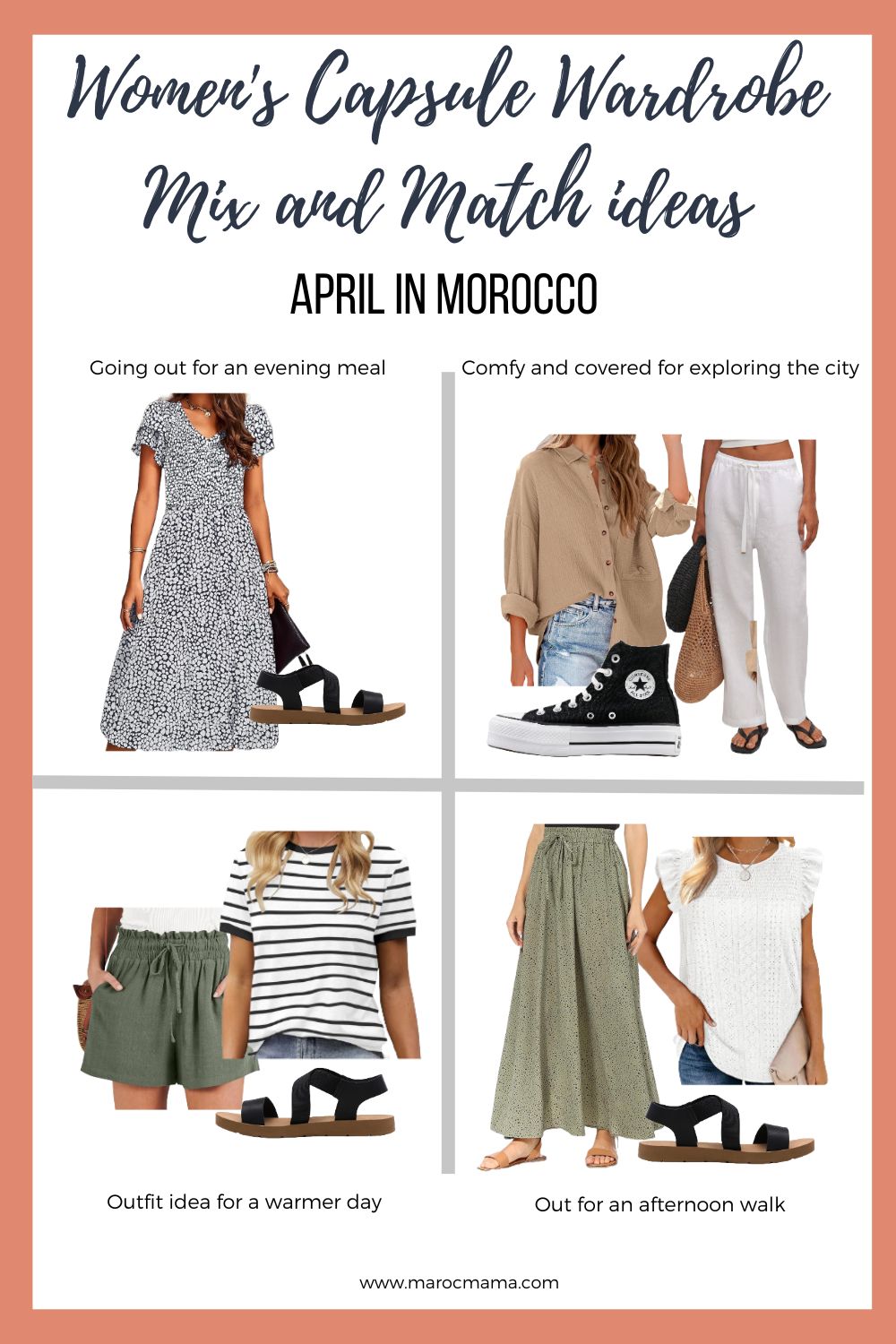 Women's Capsule Wardrobe Mix and Match ideas, April in Morocco